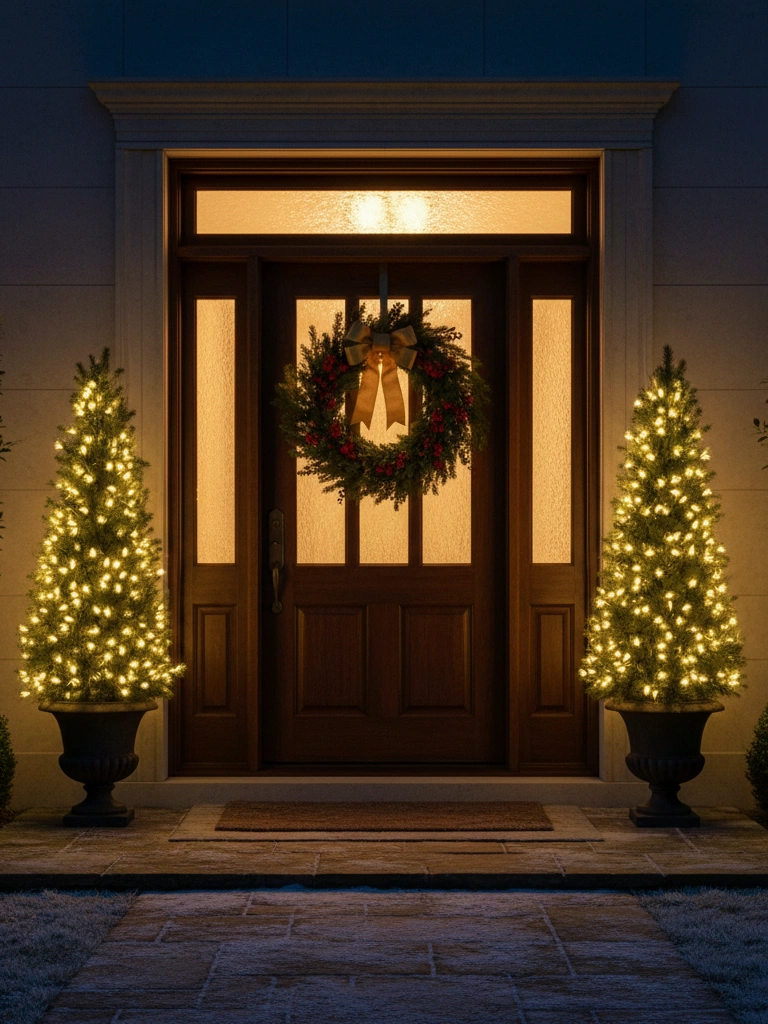 12. Potted Topiaries With Twinkling Lights Flanking Entry