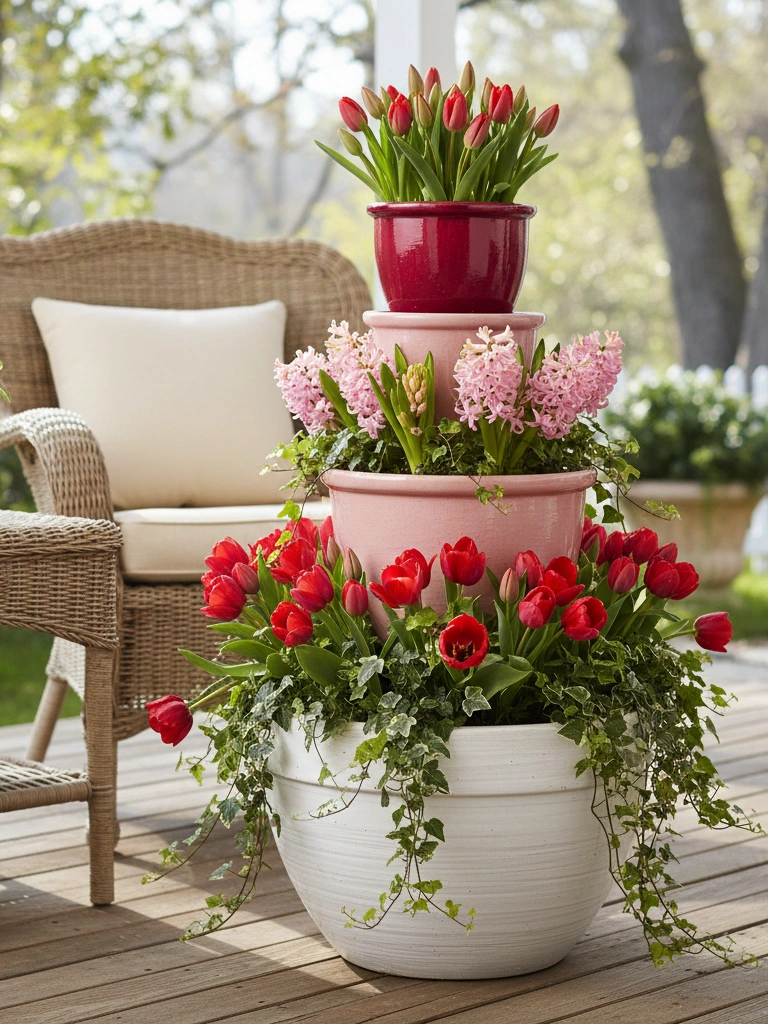 12. Red and Pink Flower Arrangements in Planters