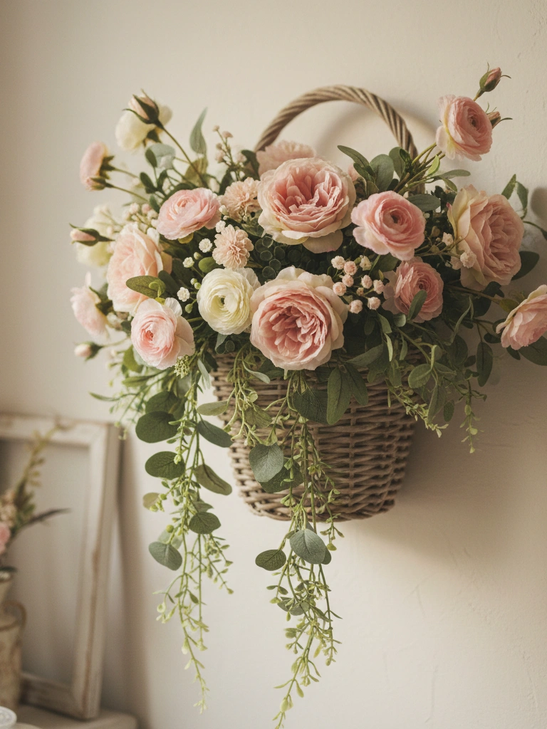 13. Romantic Floral Wall Basket Arrangement