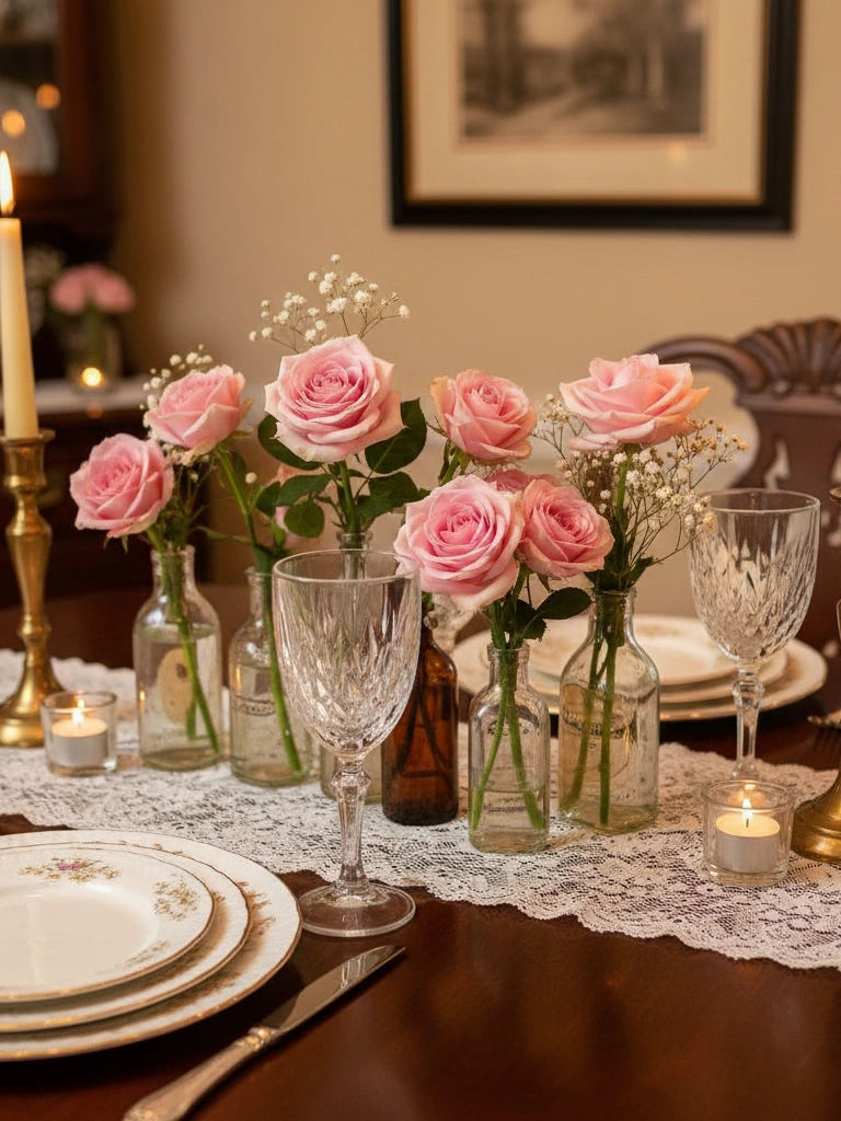 13. Vintage Valentines Day Table Decor Using Lace Glass and Thrift Finds