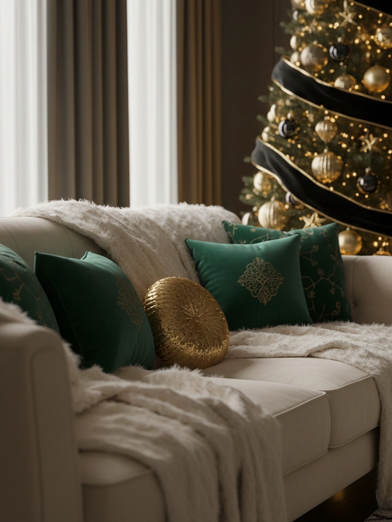 14. Faux Fur Throws and Velvet Pillows on the Sofa
