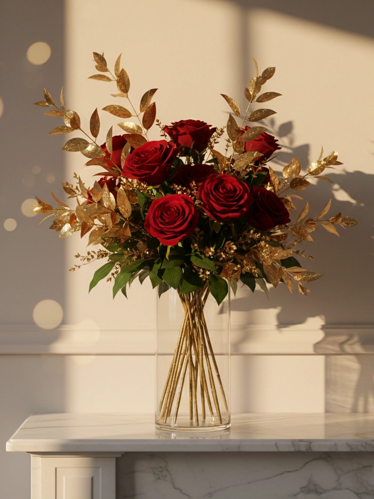 14. Gold Dipped Eucalyptus and Red Rose Arrangement