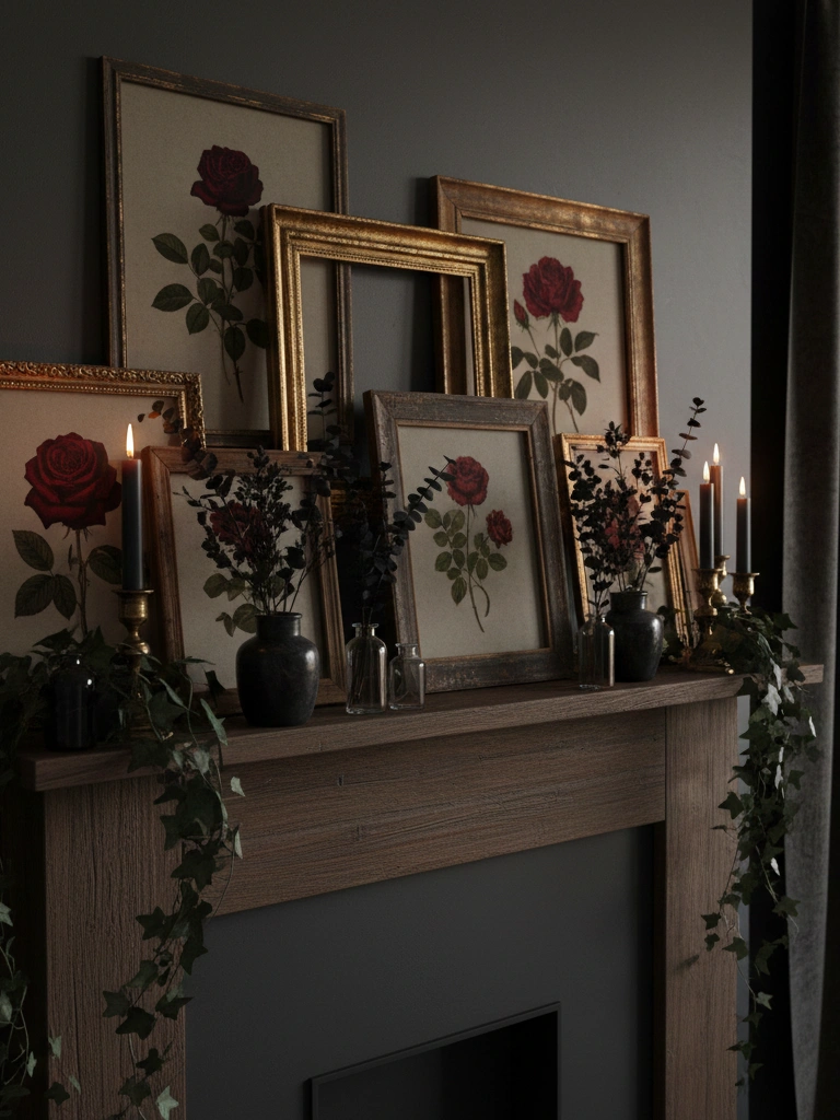 14. Mantel antique frames dark botanicals thrifted look