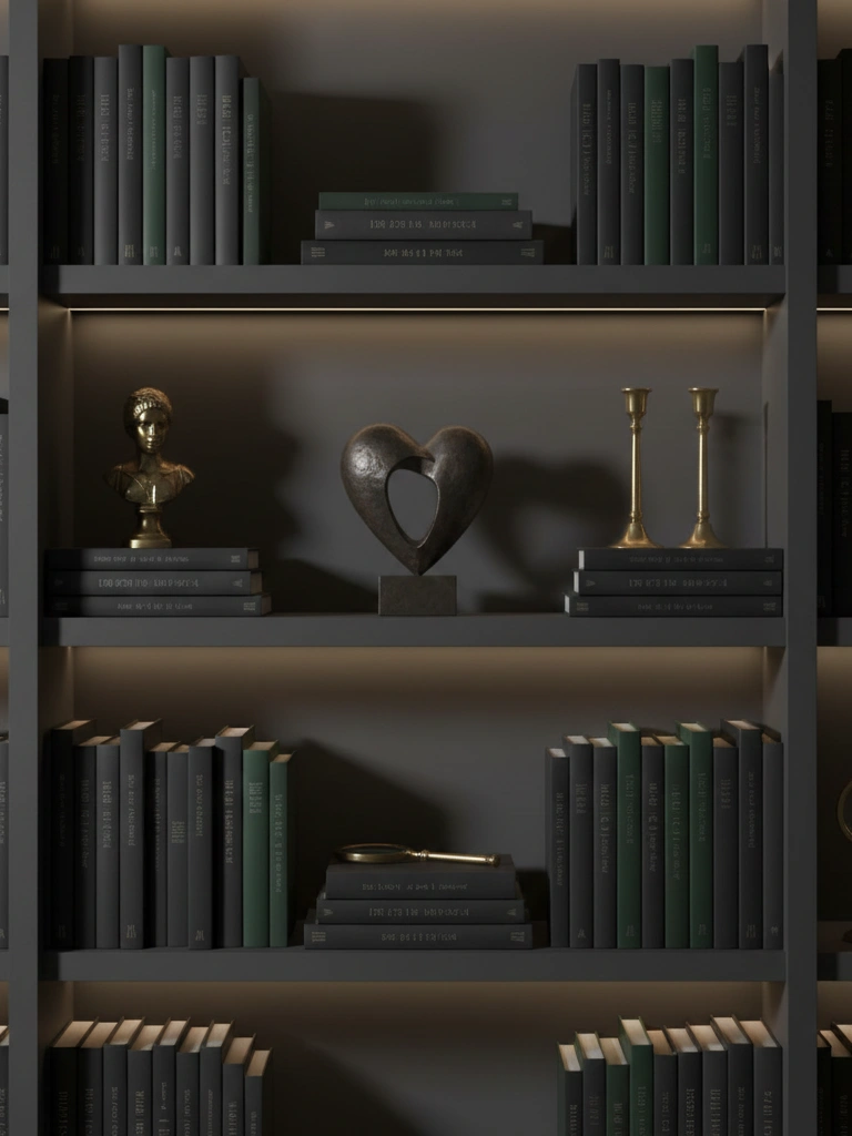 15. Bookshelf styling dark spines brass and one heart object