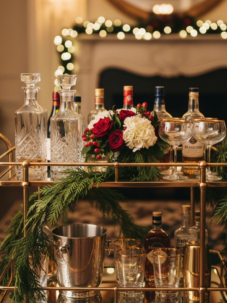 15. Elegant Bar Cart Styled for Holiday Entertaining