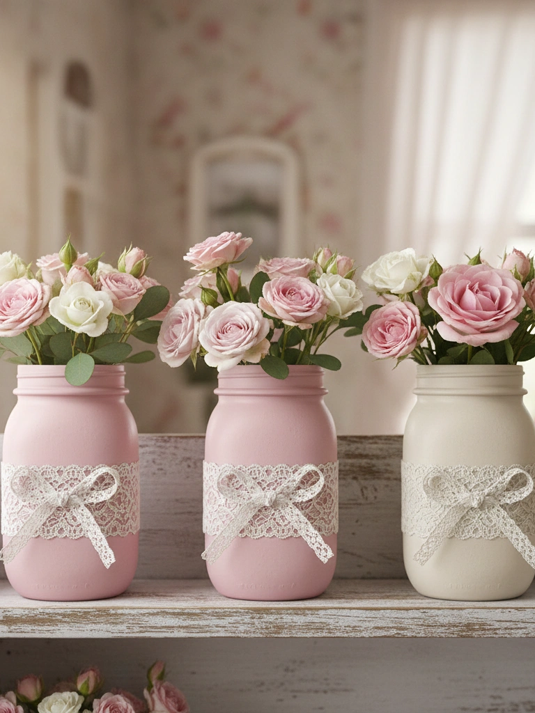 15. Painted Mason Jars with Lace Ribbon Wrap