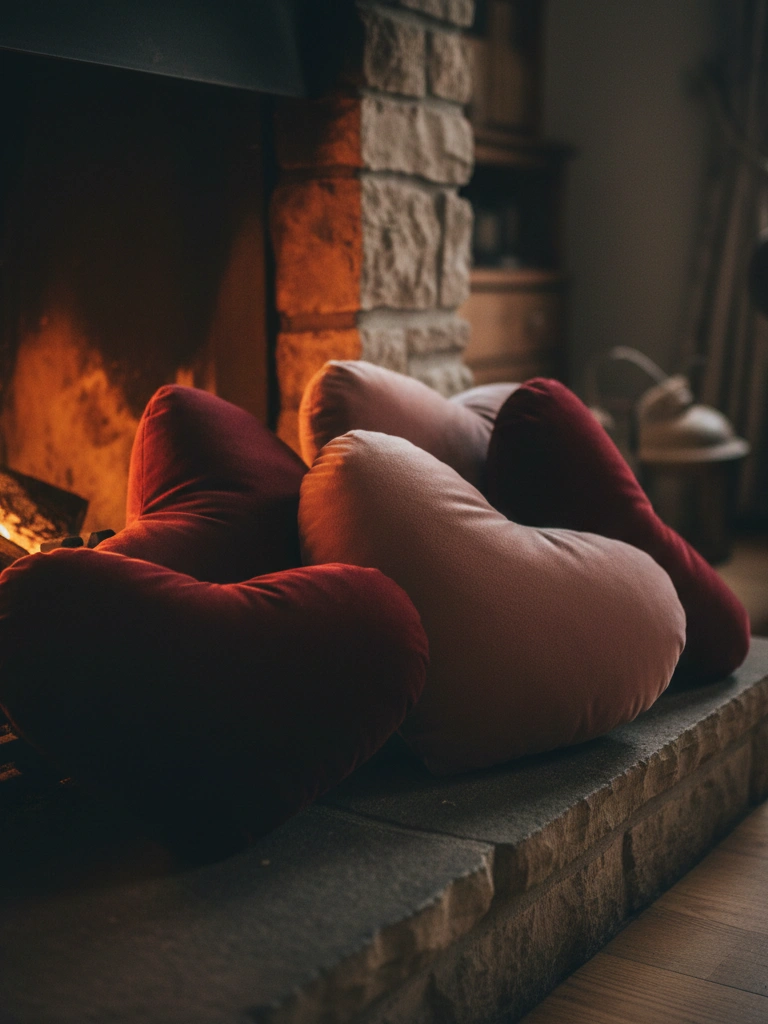 15. Velvet Heart Pillows Styled on the Hearth