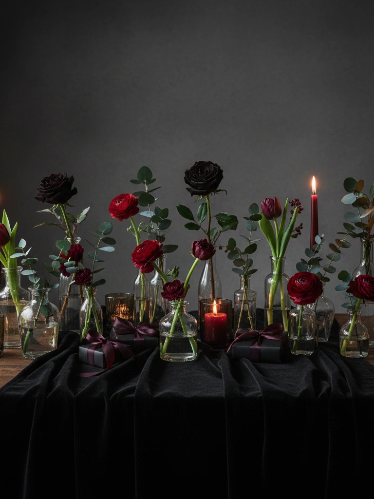 16. Dining table black runner bud vases in a loose cluster
