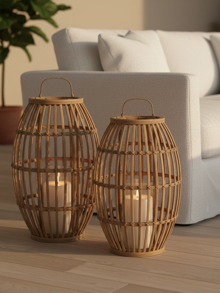 16. Woven Rattan Lanterns with Flickering LED Candles