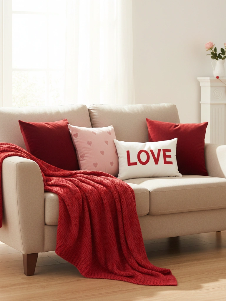 17. Red Throw Pillow and Blanket Setup