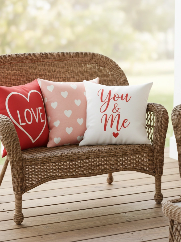 17. Valentines Day Throw Pillows on Porch Furniture