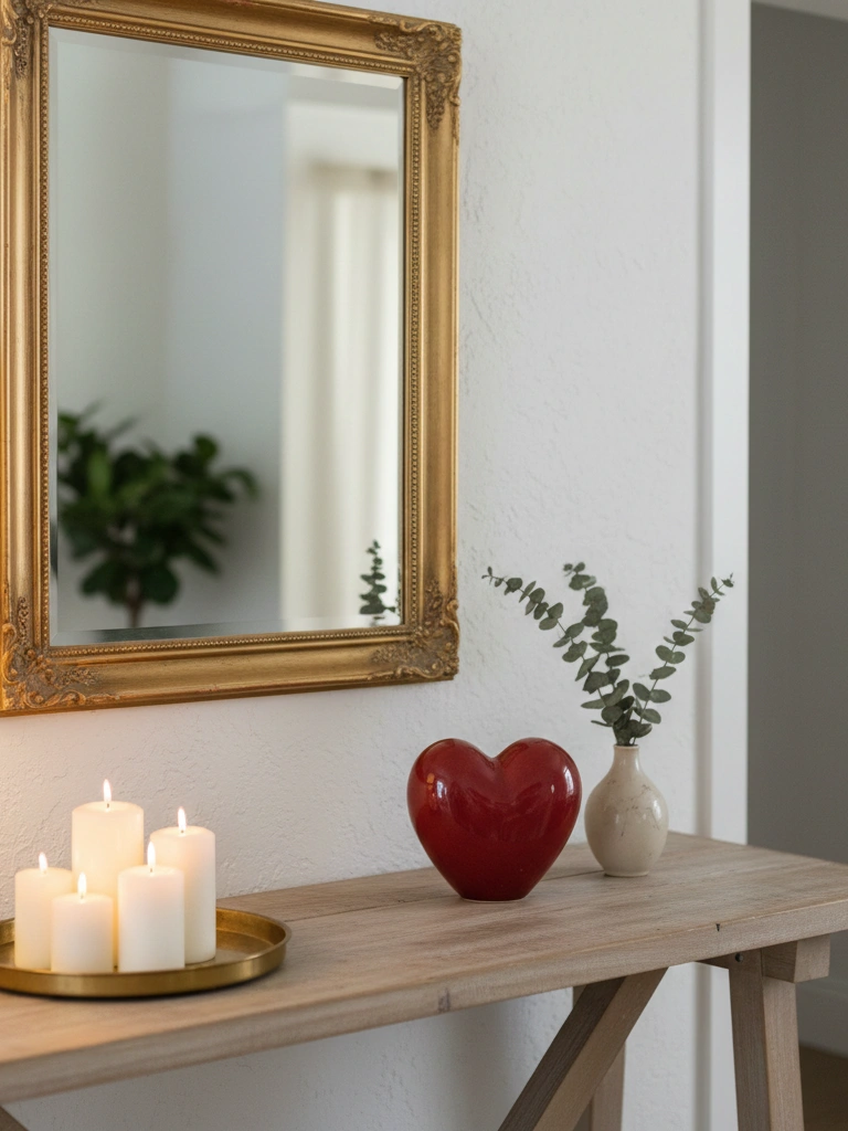 26 Beautiful Valentines Day House Decor Ideas You’ll Love 18 18. Console table vignette mirror candles one heart sculpture