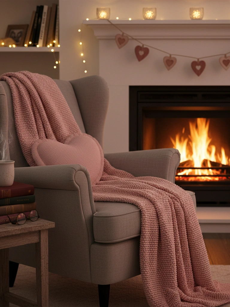 18. Cozy Valentine Reading Nook by the Fireplace