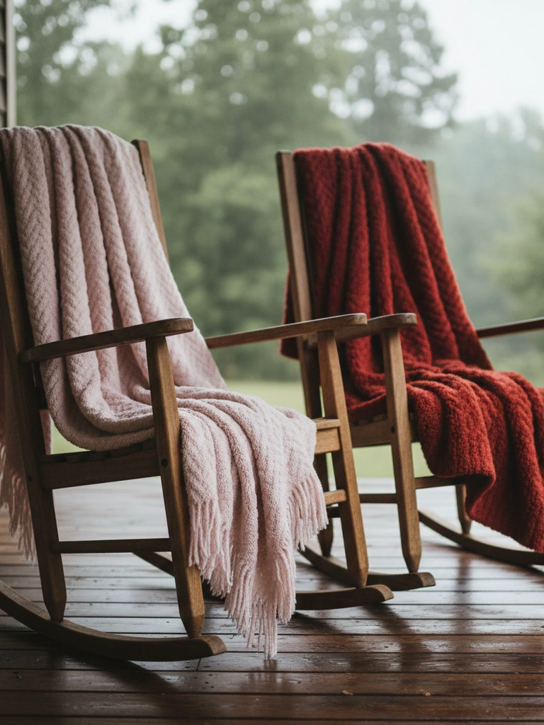18. Red and Pink Blankets Draped on Rocking Chairs