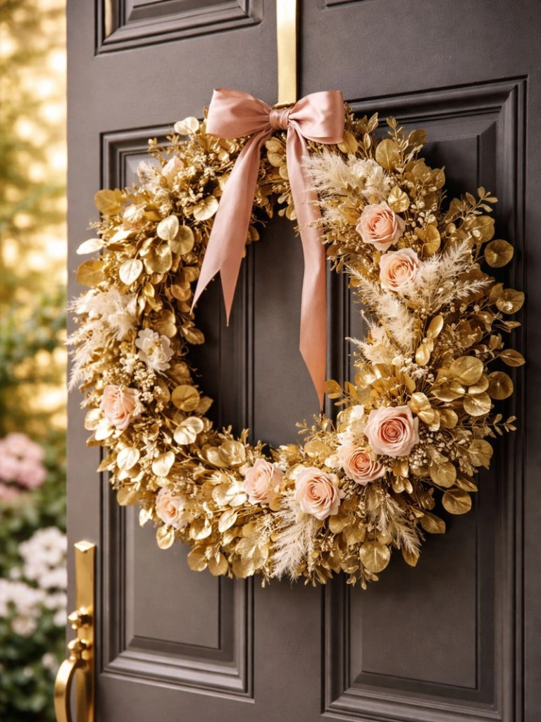 19. Gold Eucalyptus Wreath With Blush Accents