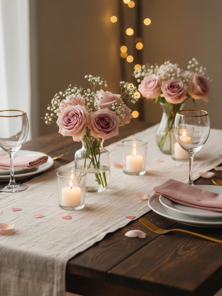 19. Linen Table Runner With Soft Pink Accents