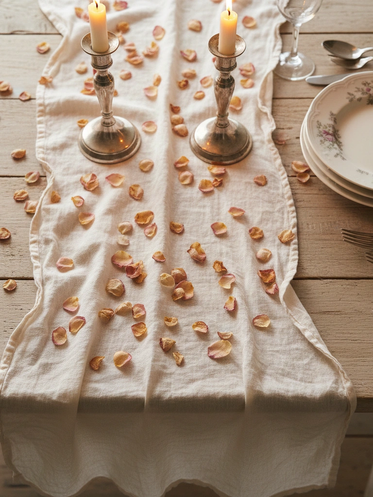 19. Ruffled Linen Table Runner with Rose Petals