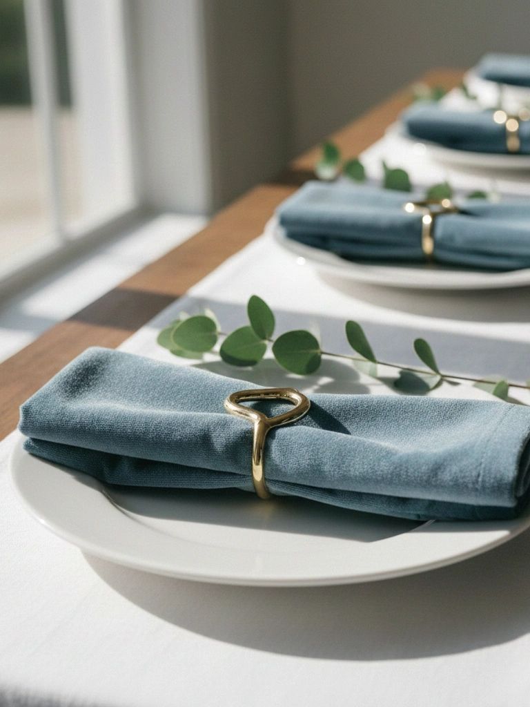2. Blue Velvet Napkins with Heart Shaped Rings