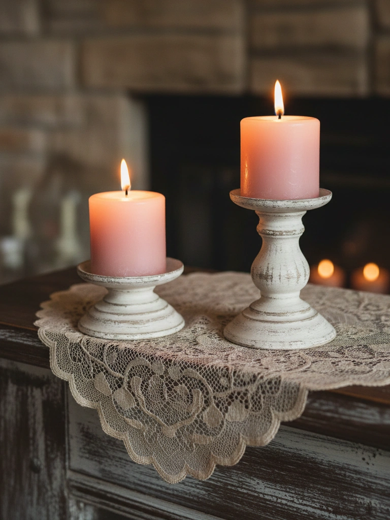 2. Chippy Paint Candle Holders with Blush Pillar Candles