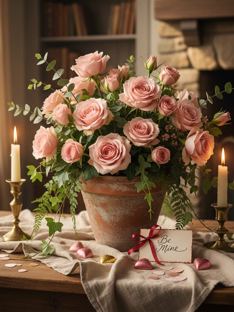 2. Pink Rose and Greenery Centerpiece