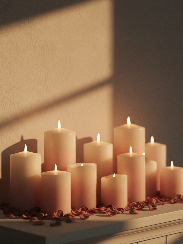 2. Romantic Candlescape with Pillar Candles and Rose Petals