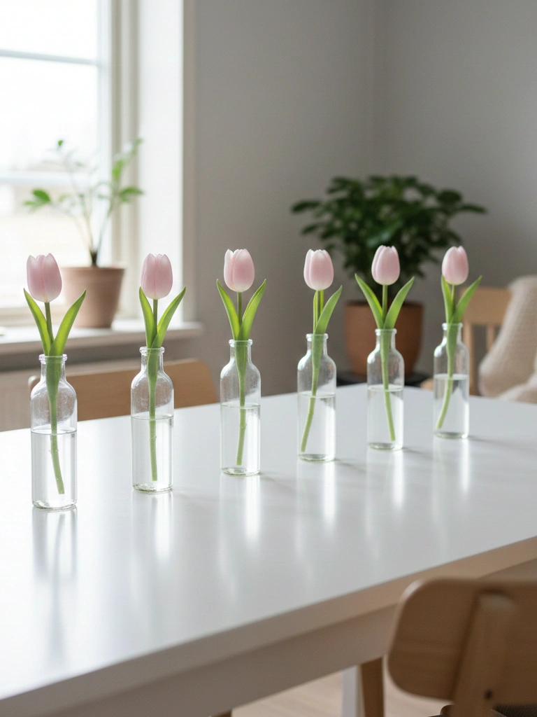 2. Simple Bud Vases in a Row With Pink Tulips