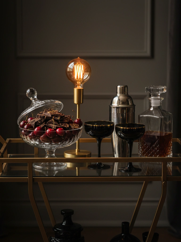 20. Bar cart cherries dark chocolate and black and gold accents