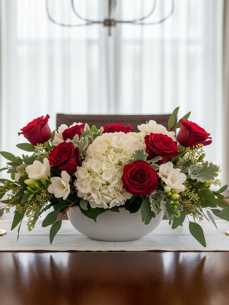 26 Beautiful Valentines Day House Decor Ideas You’ll Love 21 21. Elegant centerpiece red white florals with greenery low profile