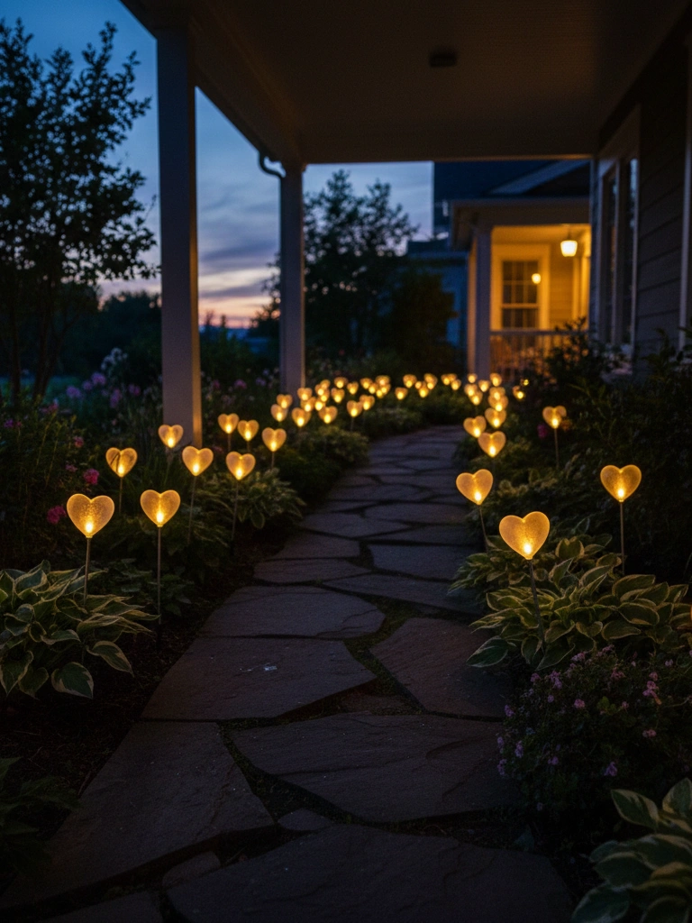 21. Solar Powered Heart Stake Lights in Garden Beds