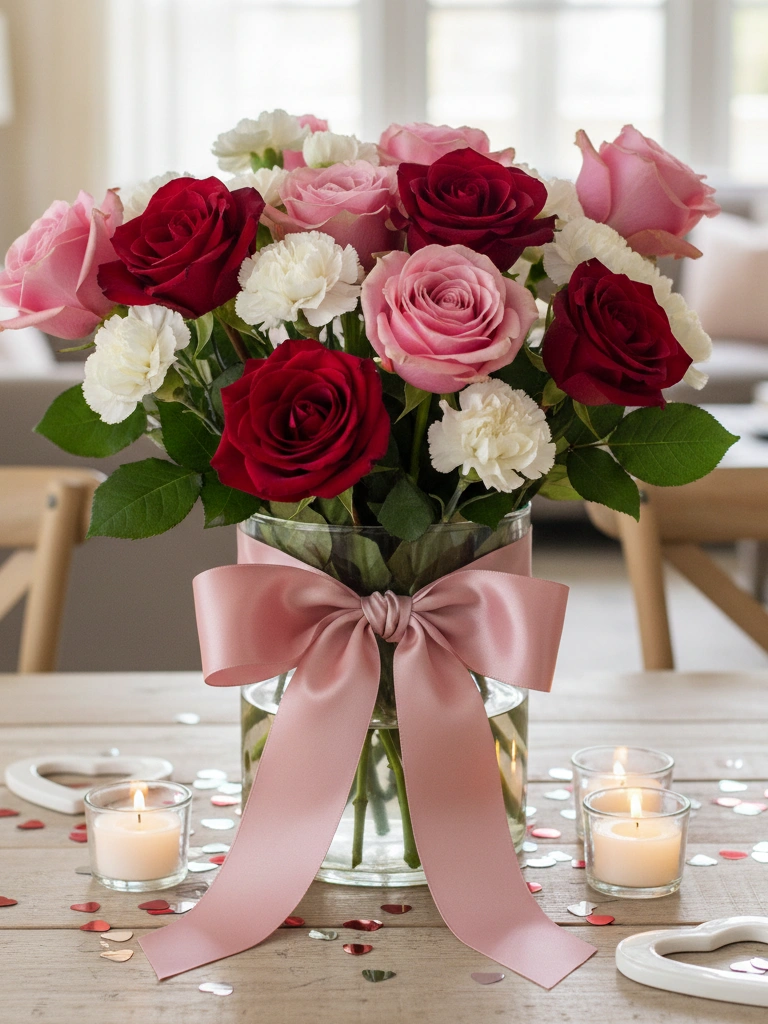 26 Beautiful Valentines Day House Decor Ideas You’ll Love 22 22. Last minute centerpiece grocery store roses ribbon wrapped vase