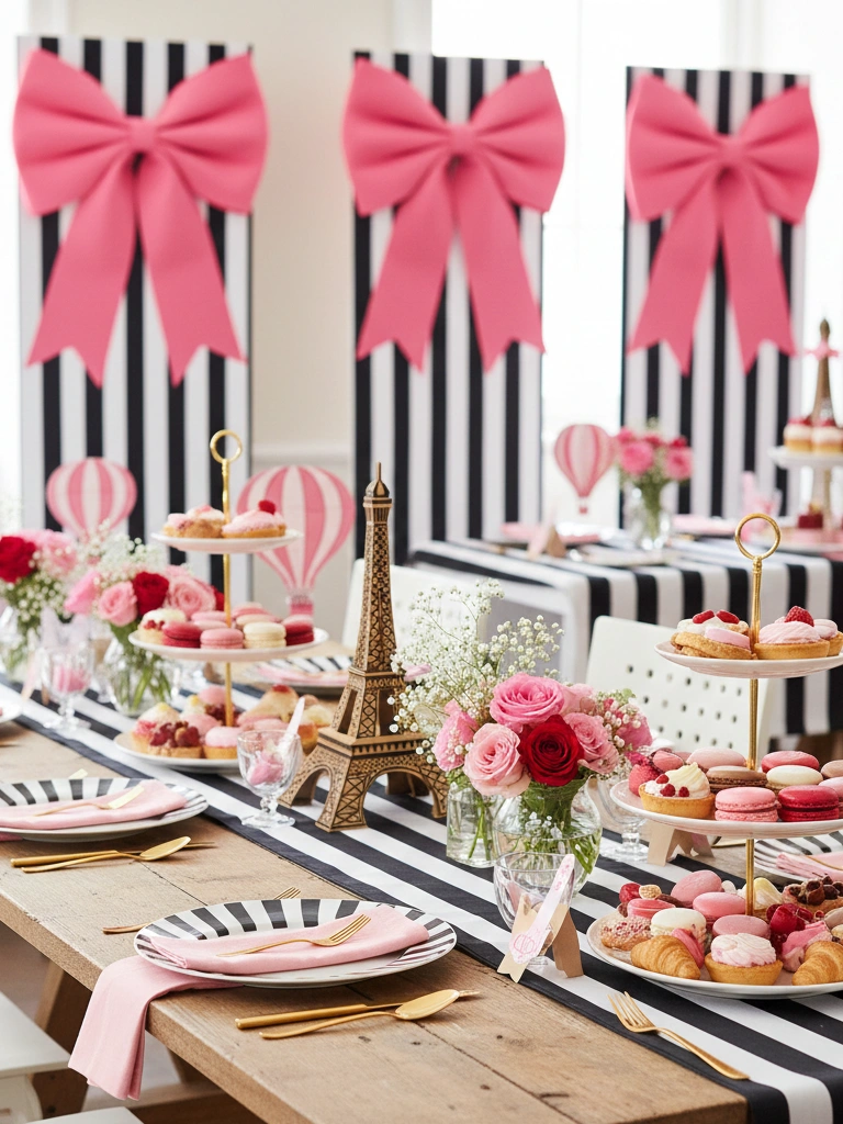 22. Parisian Cafe Theme Stripes Bows and Mini Pastry Displays
