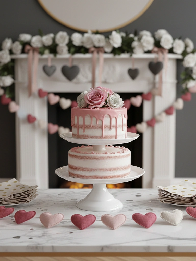 26 Beautiful Valentines Day House Decor Ideas You’ll Love 25 25. Dessert table styling cake stand garland coordinated napkins