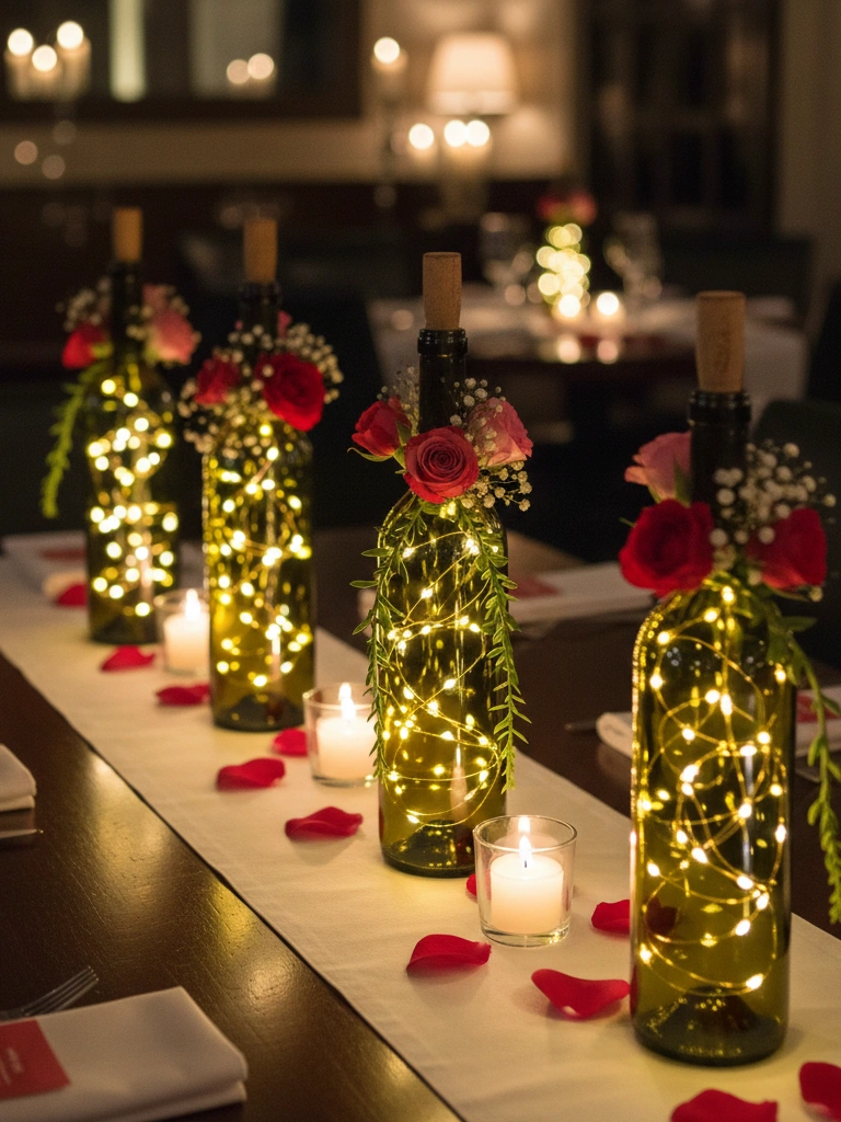 35 Valentine's Day Restaurant Decor Ideas for Romantic & Perfect Dinner Setting 27 27. Wine Bottle Centerpieces with LED Lights