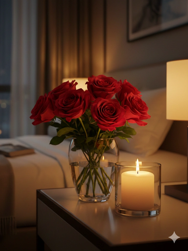 3. Fresh Rose Arrangement on the Nightstand