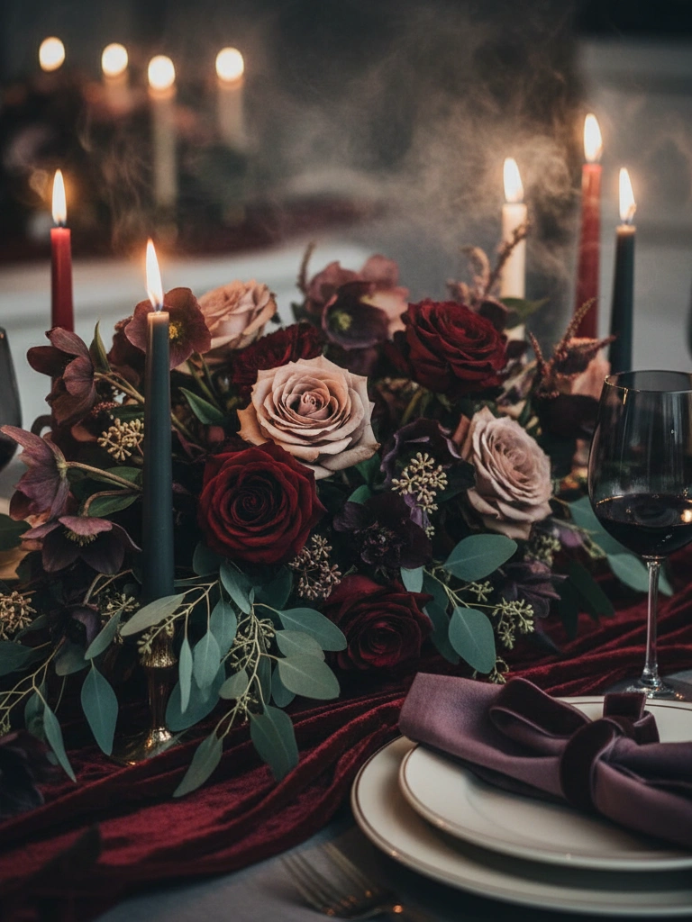 3. Moody Valentines Day Table Decor in Burgundy Cream and Candlelight