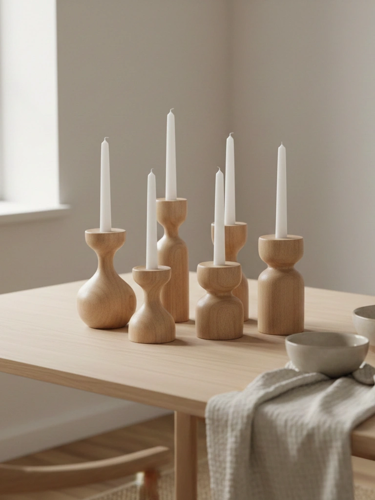 3. Natural Wood Candle Holders With White Tapers