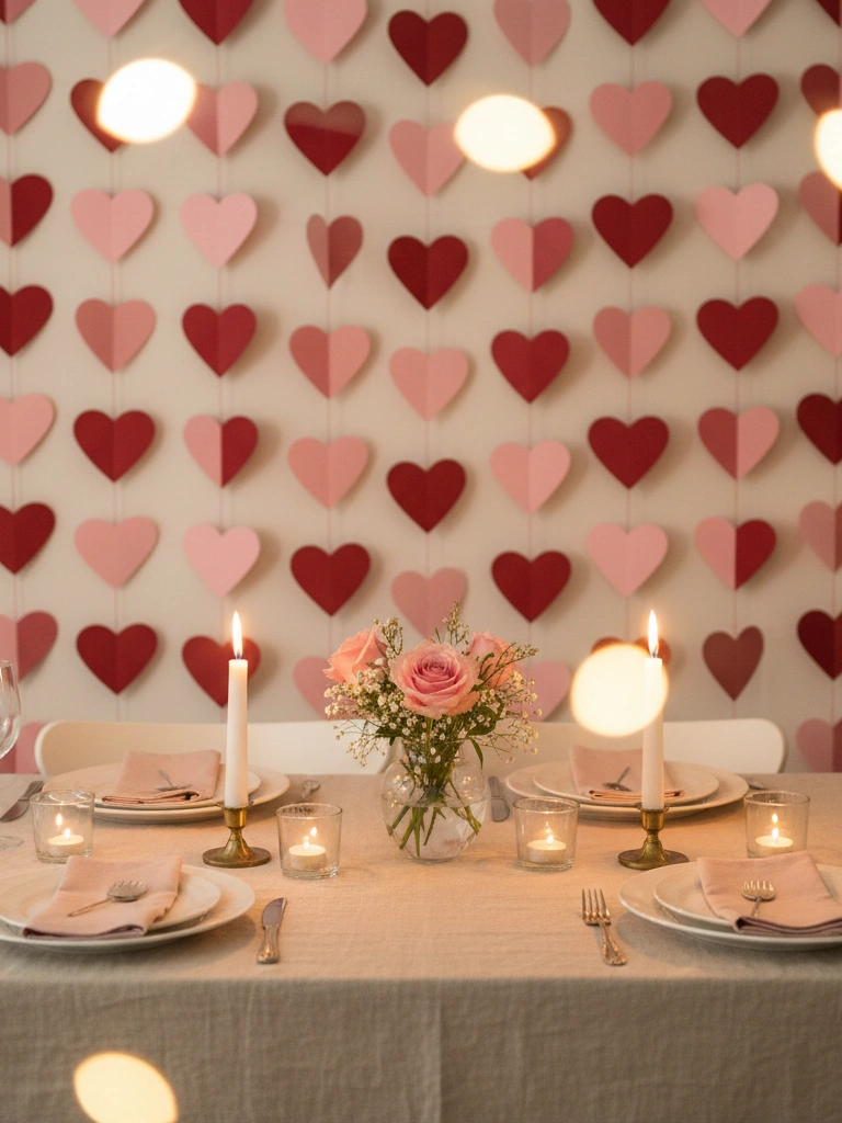 30. A Valentines Day Heart Garland Backdrop for a Perfect Dinner Photo