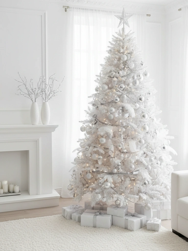 4. All White Monochromatic Tree With Crystal Ornaments