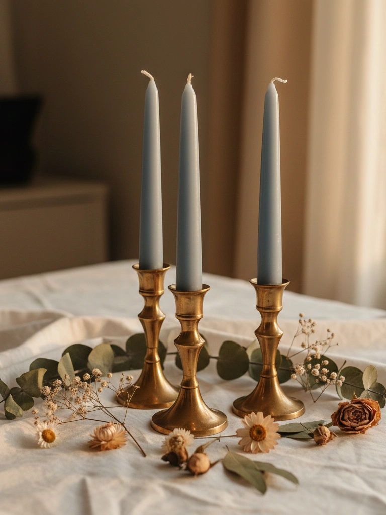 4. Dusty Blue Candlestick Centerpiece