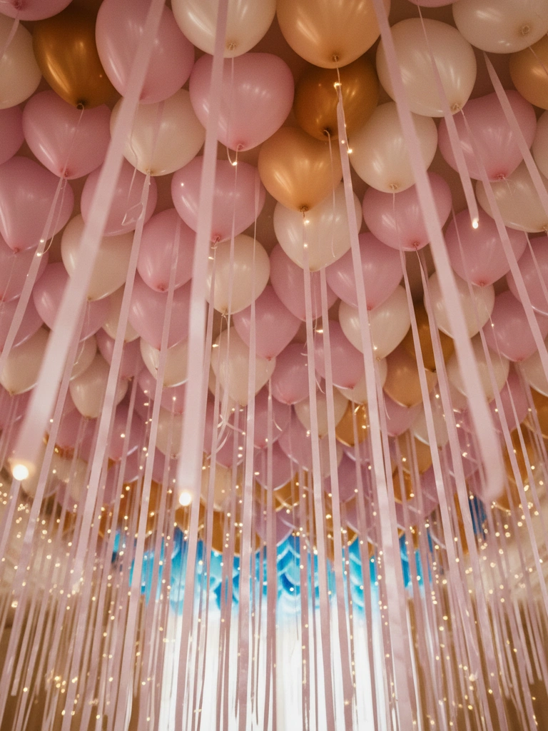 4. Hanging Heart Balloon Ceiling With Ribbon Rain