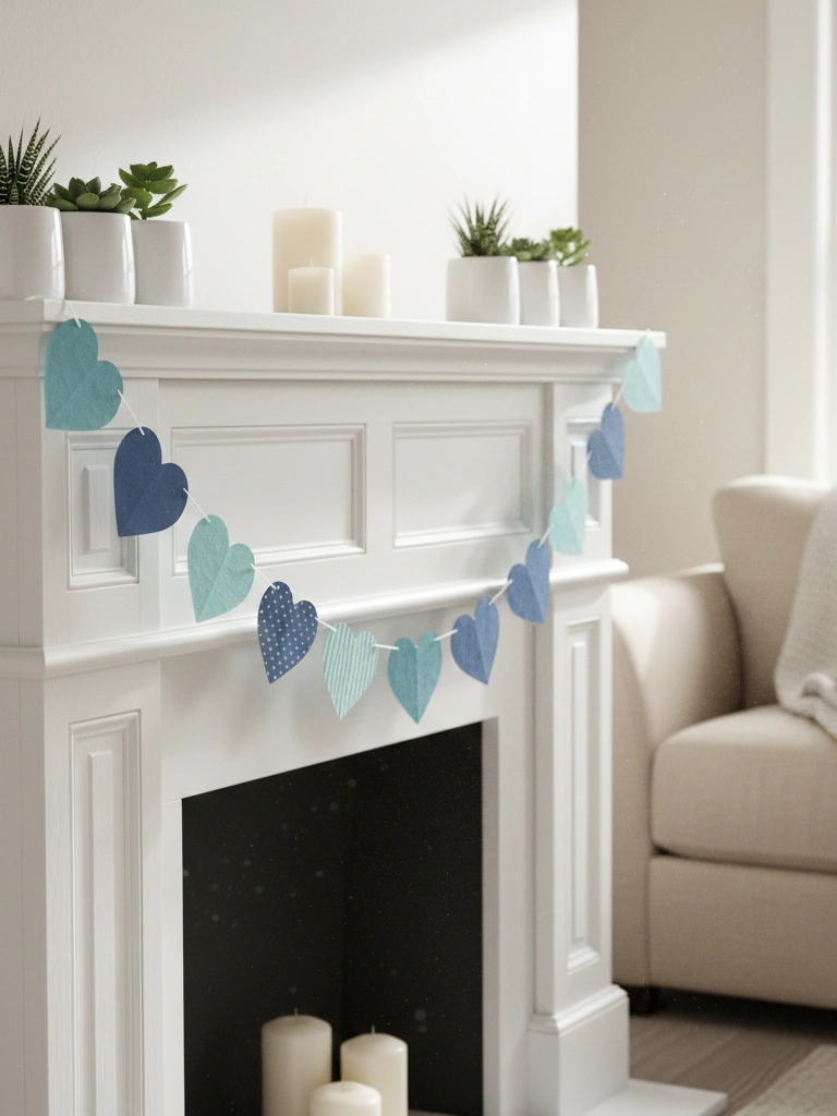 5. Blue Heart Garland for the Fireplace Mantel