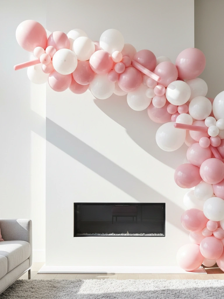 5. Blush Pink and White Balloon Arch Above the Mantel