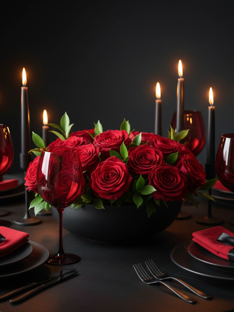 6. A Black and Red Valentines Day Dining Table Setup