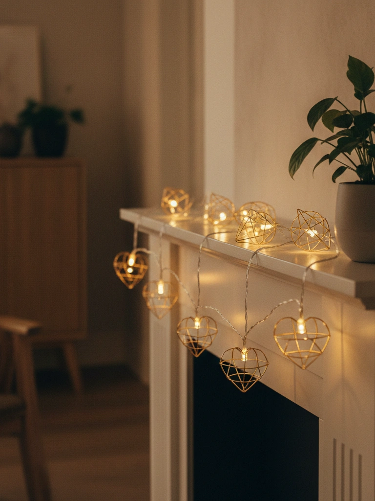 6. Geometric Wire Heart String Lights