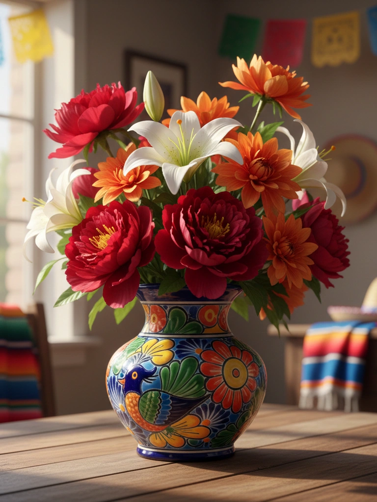 6. Mexican Ceramic Vase with Red Roses