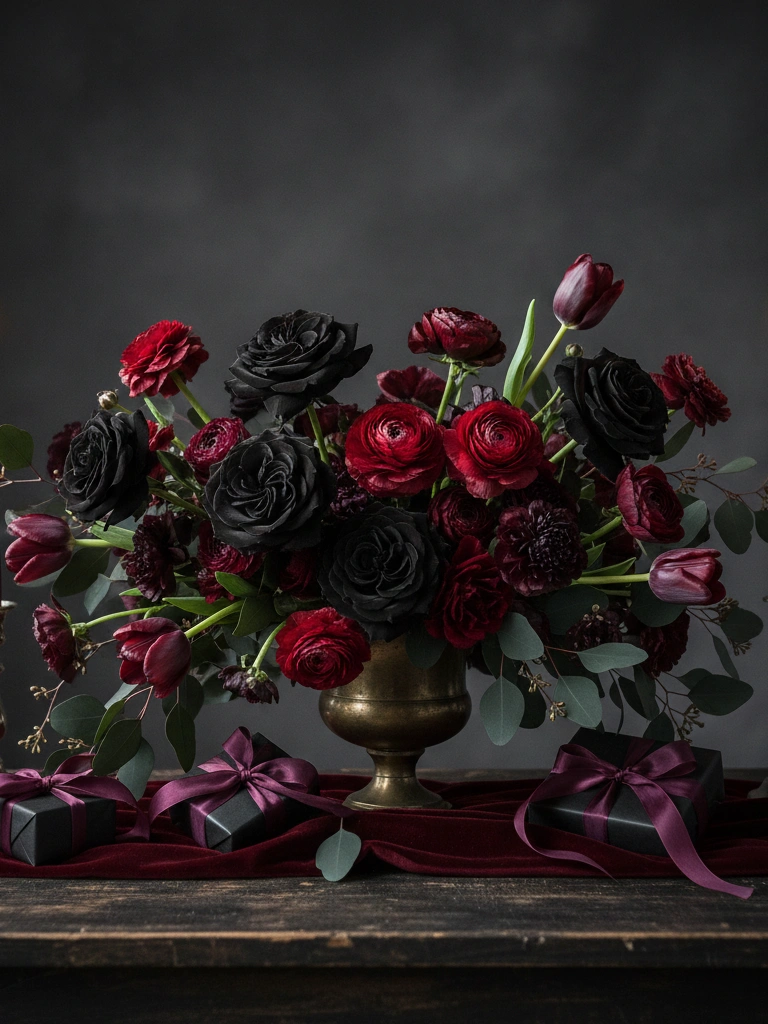 7. Dramatic florals black roses deep red ranunculus dark tulips