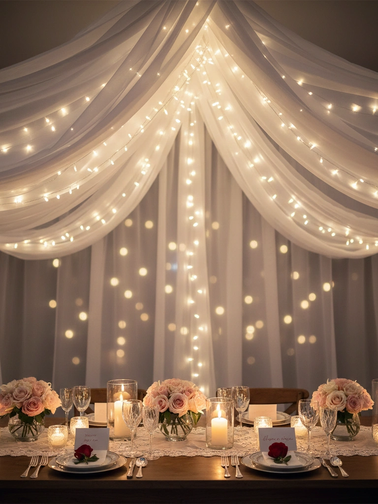 7. Draped Fabric Canopy Fairy Lights Over the Main Table