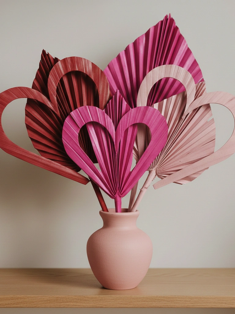 7. Dried Palm Leaf Hearts in Clay Vases