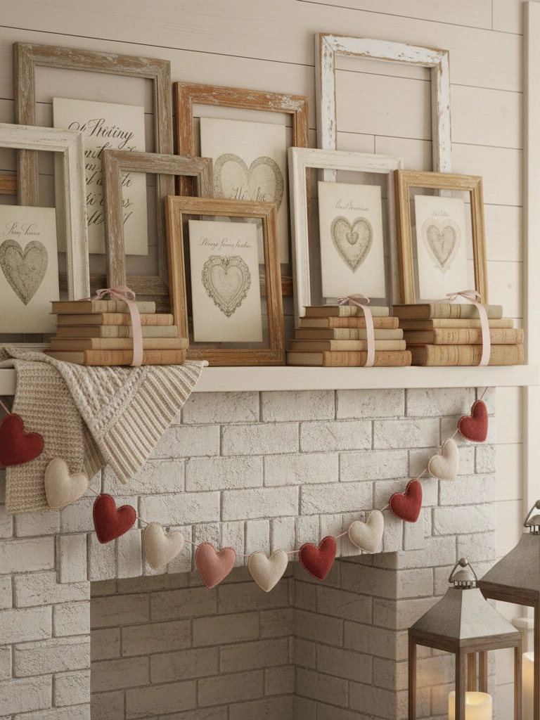 26 Beautiful Valentines Day House Decor Ideas You’ll Love 7 7. Farmhouse Valentine mantel with thrifted frames vintage book stacks