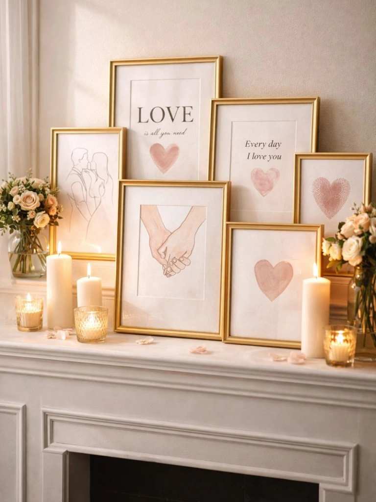 7. Gold Framed Love Prints on the Mantel